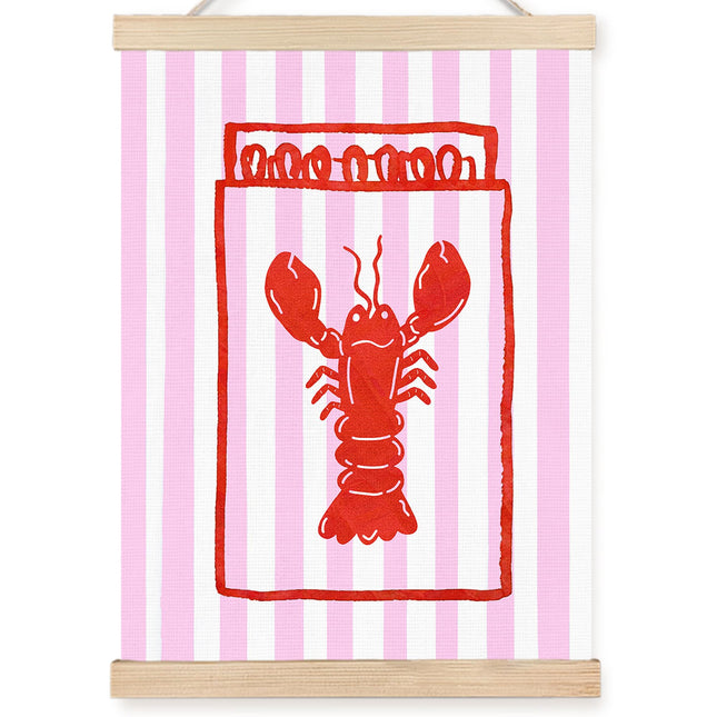 Trendy Retro Red Lobster Coastal Wall Art Decor, Beachy Room Decorative Aesthetic, Preppy Pink Striped Lobster Seafood Lover Nautical Wall Decor Posters for Home Kitchen Dining Room, 12x16 Inch