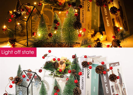 Luditek Christmas Garland with Lights, Red Berry Pine Cone 6.5FT 20 LED Garland Lights Battery Operated, led Garland String Lights, Christmas Decorations Indoor for Home Fireplace Mantel Xmas Decor
