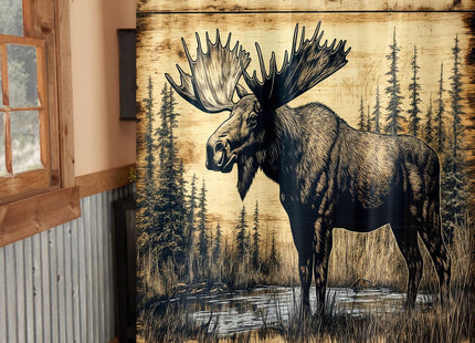 Wathon Wood Plank Style Moose in Pine Forest Shower Curtain 70X70IN