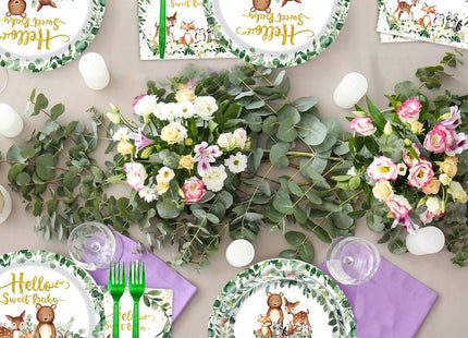 Woodland Baby Shower Party Supplies, Woodland Animal Baby Shower Decorations Include Plates, Napkins, Forks, for Animal Theme Woodland Creatures Party Decorations, Serve 24