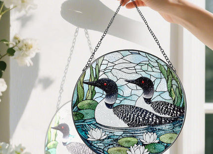 8-Inch Loon Birds Stained Glass Suncatcher Ornament, Stained Glass Window Hanging, Window Hanging Decor – Christmas, Birthday | Gifts for Bird Lover, Friend, Couples, Family | Holiday Decorations