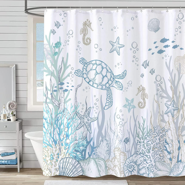 Lifeella Nautical Coastal Turtle Shower Curtain, Coral Starfish Seashell Ocean Themed Bathroom Curtain, Underwater Seahorse Bathroom Decor Blue 72 x 72 inch