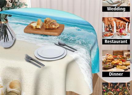 Summer Beach Theme Tablecloth Nautical Blue Round Tablecloth 60 Inch Coastal Holiday Sand Starfish Ocean Table Cloth for Farmhouse Kitchen Decor Polyester Fabric Holiday Table Cover for Party Outdoor