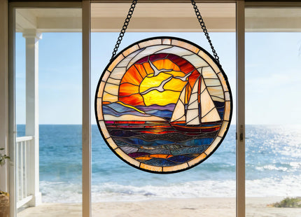 Ocean Sailboat At Sunset Stained Glass Window Hanging Suncatcher Gifts 7.8"