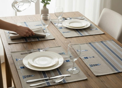 Nautical Placemats – Set of 4 –– Cotton Decorative Embroidered Design - Natural, Navy Blue and White (Lighthouse)