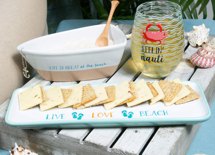Pavilion - Life Is Great At The Beach - 12 Oz Stoneware Boat Dish Server With Wooden Oar Scoop