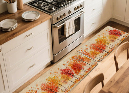 Watercolor Fall Maple Trees Kitchen Rugs Set of 2, 17x29 and 17x47 Inch