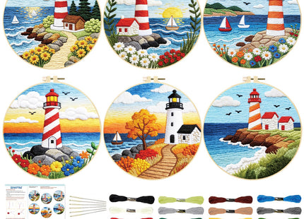 BEUNITONE 6 Set Beginner Embroidery Kit for Adults with Pre-Printed Washable Lighthouse Pattern, DIY Needlepoint Craft Kits for Cloth with Embroidery Hoop and Instruction, Funny Gifts for Home Decor