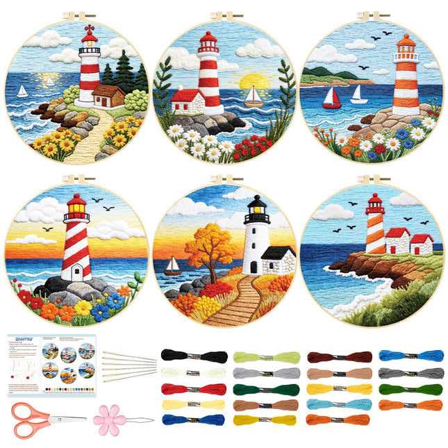 BEUNITONE 6 Set Beginner Embroidery Kit for Adults with Pre-Printed Washable Lighthouse Pattern, DIY Needlepoint Craft Kits for Cloth with Embroidery Hoop and Instruction, Funny Gifts for Home Decor