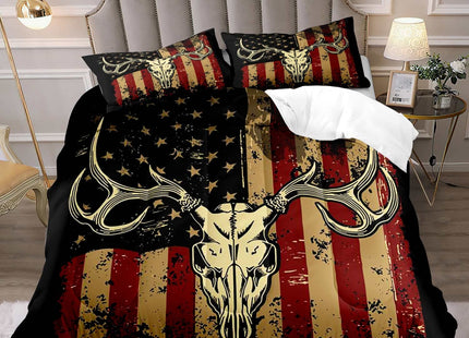 LUVIVIHOME 3PCS Deer Skull Comforter Set King Size, Patriotic American Flag Comforter, 4th of July Independence Day Hunter Elk Moose Wildlife Cabin Country Rustic Hunting Bedding Quilt, 2 Pillow Shams