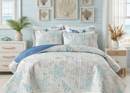 Coastal Quilt Sets Queen Size - Reversible Microfiber Ocean Style with Starfish Scallop Shell Soft Beach Bedding Nautical Bedspread Coverlet Summer Comforter with 2 Shams