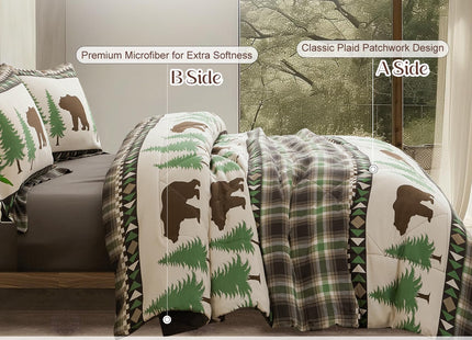 Comforter Set King Size Rustic Bear Comforter Bedding-7 Piece Bed in a Bag, Soft Fluffy Reversible Microfiber Bedding Set(1 Comforter,1 Flat Sheet,1 Fitted Sheet,2 Pillowcases,2 Pillow Shams),Green