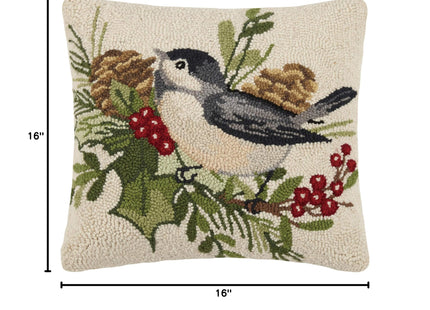 Peking Handicraft 31SW214C16SQ Winter Chickadee Holiday Hook Pillow, 16-inch Square, Wool and Cotton
