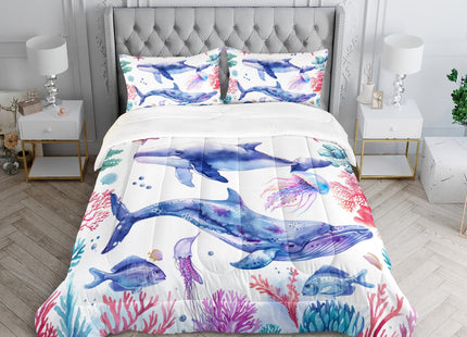 XYNHML Whale Jellyfish Shark Bedding Dolphin Coral Comforter 3Pcs Twin Underwater Fish Starfish Quilt Set for Kids Teens Girls Boys Clownfish Seaweed Bed Decor Set with 1 Comforter and 2 Pillowcases