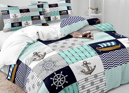 LUVIVIHOME 2PCS Nautical Bedding Set, Twin Duvet Cover, Navy Blue Mint Green Polka Dot Chevron Striped Plaid Anchor Rudder Sailboat Sea Ocean Marine Beach Coastal Comforter Quilt Cover, 1 Pillow Case