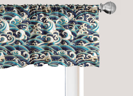 Ambesonne Nautical Window Valance Pack of 2, Traditional Oriental Style Ocean Waves Pattern Foam and Splashes Print, Rod Pocket Curtain Valances for Kitchen Bedroom, 54" X 18", Blue and White