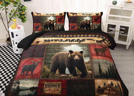 AILONEN Rustic Bear Comforter Set Queen Size,Cabin Plaid Bear & Deer Hunting Bedding Set 3 Pieces,Wildlife Woodland Themed Duvet with 2 Pillowcases