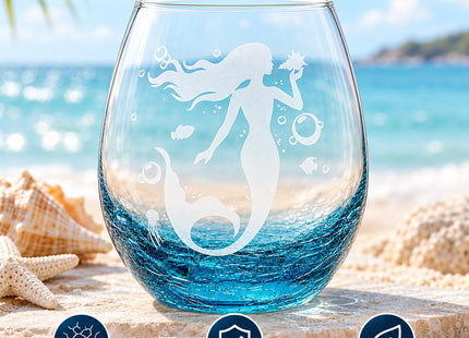 19 oz Printed Mermaid Stemless Wine Glass, Teal Crackle Base, Ocean Crystal