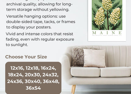 Maine State Flower Poster Wall Art Prints, White Pine Cone and Tassel, Trendy Floral Poster, Abstract Botanical Wall Art for Office, Bedroom, Bathroom, Living Room Decor (Unframed)