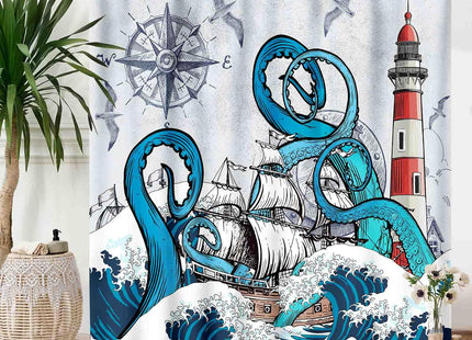 Lnepty Nautical Octopus Shower Curtain,Navy Blue Funny Ocean Kraken Shower Curtains for Bathroom Anchor Coastal Map Waterproof Fabric Bath Curtain Decor with Hooks,72x72Inch