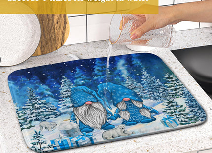 Winter Blue Gnome Dish Drying Mat for Kitchen Counter Pine Tree Microfiber Dish Pad Absorbent Reversible Fast Dry Draining Mats 16x18 Inch
