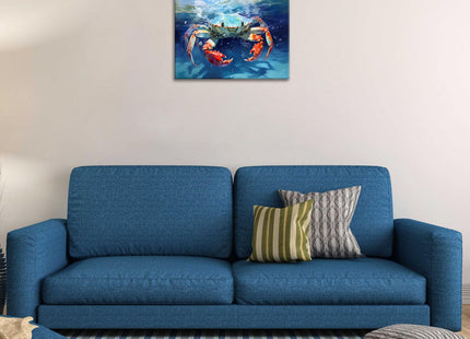 FUNHUA Nautical Wall Decor Blue Crab Canvas Paintings Abstract Modern Marine Artwork Beach Decorations for Living Room Bedroom Bathroom Framed Ready to Hang 12x16 Inches