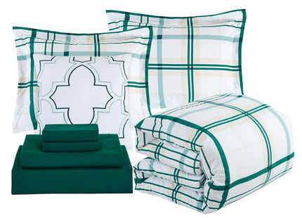 Elegant Comfort Silky Soft 8-Piece Plaid Lodge Bed-in-a-Bag Comforter Set, Includes 4pc Smart Sheet Set, Comforter, Decorative Pillow, Matching Pillowcases and Shams - Twin/Twin XL, Emerald Green