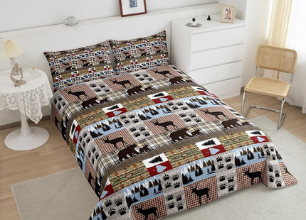Rustic Patchwork Bedding Set Checkered Buffalo Plaid Quilt Twin for Kids Teens Adult,Woodland Wildlife Bear Moose Elk Comforter Set Animal Paw Print Lattice Grid Duvet Insert,Farmhouse Decor