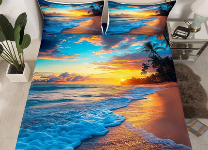 Ocean Bed Sheet Set Twin Waves Bedding Set Hawaiian Tripocal Sea Beach Fitted Sheet Soft Microfiber with 1 Pillow Sham,Sunset Ocean Beach Theme Digital Print 2 Pcs Kids Boys Girls Decor Bed Cover