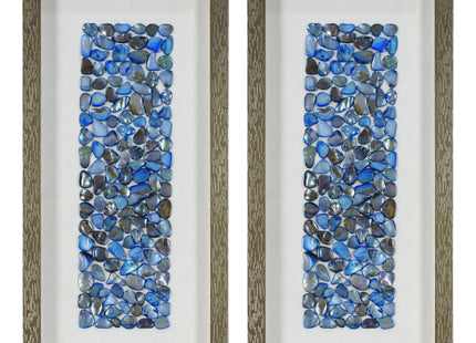 American Art Decor Blue Seashell Mosaic 3D Textured Wall Art, 2 Piece Set – Vertical Panels with Champagne Frame, Coastal Nautical Beach Theme Decor, 8.75" x 17.75"