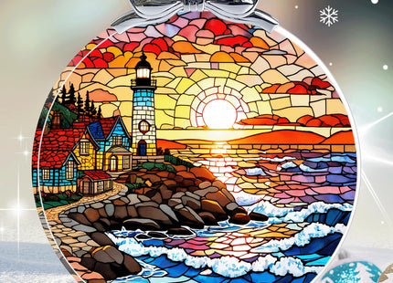 Lighthouse Stained Glass Christmas Ornament - Hanging Ornaments for Christmas Tree Decorations -Holiday Keepsake Present Exchange Idea