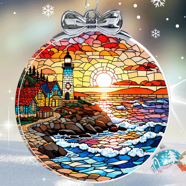 Lighthouse Stained Glass Christmas Ornament - Hanging Ornaments for Christmas Tree Decorations -Holiday Keepsake Present Exchange Idea