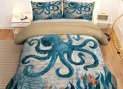 MUSOLEI Ocean Comforter Set Queen Size Four Seasons Quilt Kids Octopus Bedding Collections Soft for Teen Boys Turquoise Ocean Themed Mediterranean Style Printed Quilt Set Kids Gift