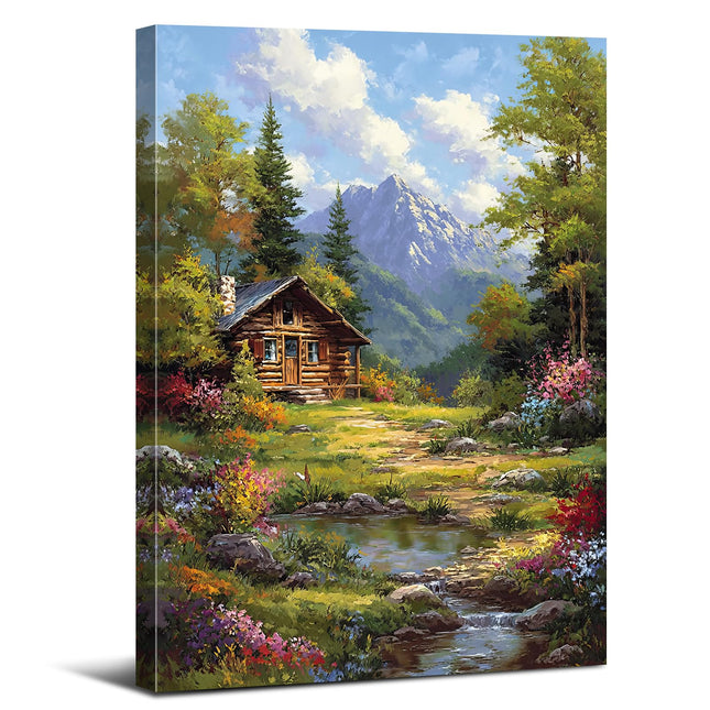 Rustic Cabin Landscape Wall Art Rural Country Canvas Pictures Bathroom Decor Nature Mountain Landscape Prints Vintage Farmhouse Woodland Painting Poster Forest Canvas Artwork for Home Decorations 12x16"