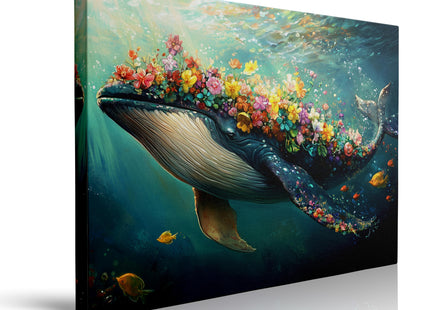 Floral Whale Canvas Wall Art Framed Bright Ocean Fantasy Decor 12x16 Inch