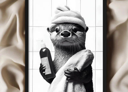 Funny Otter Bathroom Wall Art, Otter Getting Ready for Bath Canvas Print, Framed Black and White Farmhouse Decor for Bathroom Restroom Guest Bath, 12x16 Inch