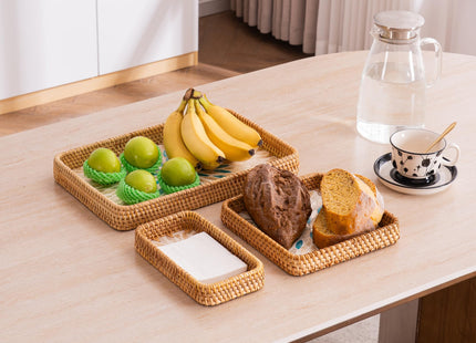 BROWNLILY Rattan Tray 3 Pcs with Mother of Pearl Inlay, Decorative Wicker Serving Tray for Bread Fruit Tea with Wooden Base, Boho Coastal Home Decor Baskets for Counter Decor & Organization (Fish)