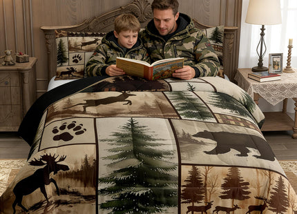 Feelyou Western Rustic Bear Deer Comforter Set Queen Size, Country Farmhouse Duvet Insert, Rustic Cabin Bedding Set,Elk Forest Animal Wildlife Hunting Patchwork Lodge Quilt, 2 Pillow Shams