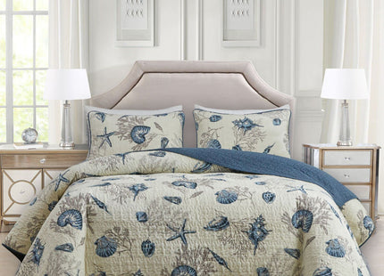 ABREEZE Nautical Theme Quilt Set with Shams Cotton Beach Bedspreads King Coastal Navy Coverlet, Sea Shell Conch Coral Starfish Oversized Quilt