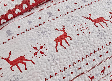 Christmas Quilt Set King Size 101x88 - White Stripes Red Deer Snowflake Cubes Gray Heart with Red Plaid - Xmas New Year Gingham Style Microfiber Winter Bedding Coverlet Thanksgiving Holiday Bedspread