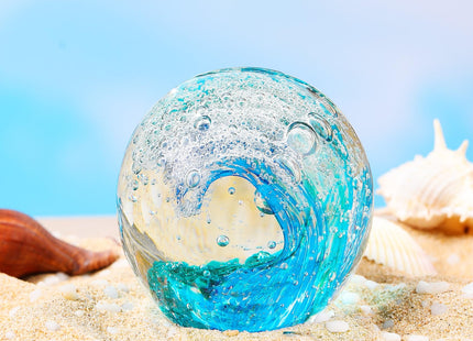 YWHL Blue Glass Ocean Wave Ball, Sea Glass Paperweight, Coastal Home Decor