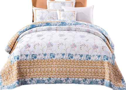 Tache Twin White Quilt Cotton Patchwork Cottage Coastal Beach Embroidered Floral - White Gold Yellow Sky Blue Reversible Lightweight Coverlet Winter Frost Quilt Set - Twin