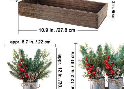 Winlyn Christmas Farmhouse Centerpiece Rustic Wood Tray 3 Galvanized Pots with Artificial Pine Cedar Red Berry Snowy Pinecone Christmas Arrangement Table Decoration for Holiday Home Kitchen Mantel