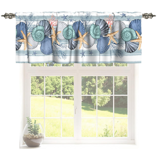 Miaoquhe Coastal Valances for Kitchen Windows 54"x18" Summer Ocean Blue Curtains for Bathroom Nautical Beach Seashells Starfish Short Small Window Treatment Rod Pocket Valance for Bedroom Decor