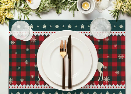 Christmas Elk Snowflakes Placemats Set of 4 for Dining Table,Xmas Reindeer Red Green Buffalo Plaid Washable Table Mats Placemats for Winter Kitchen Holiday Coffee Place Mat 18 x12 Inch