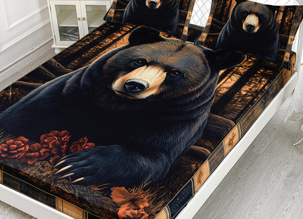 AILONEN Black Bear Fitted Sheet Set Queen Size,Hunting Woodland Wildlife Bedding Set,Country Rustic with 2 Pillowcases,3Pcs