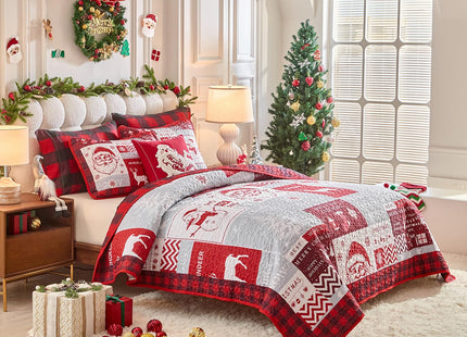 Christmas Patchwork Quilt Set Queen Size 88x88 Red Black Plaid with White Santa Claus Deer Tree SnowflakeChristmas New Year Style Microfiber Winter Warm Bedding Coverlet Bedspread Holiday Design