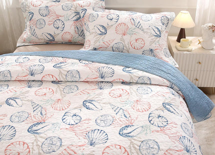WINLIFE 100% Cotton Ocean Beach Quilt Set Blush Pink Queen Size 90''x98''