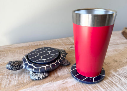 Sea Turtle Coaster Set - Coastal Ocean Beach Decor - Rustic Nautical Navy Blue and White Finish