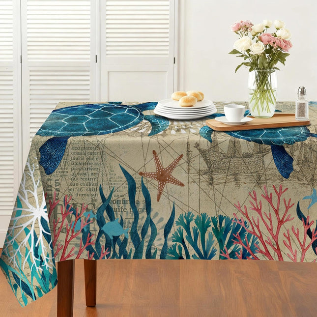 Verdiqor Coastal Nautical Rectangle Tablecloth Ocean Themed, Vintage Sea Turtle Beach Waterproof Picnic Party Tablecloth, Dining Room Kitchen Decor 54x72 Inch